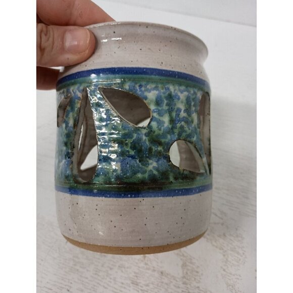 Vintage Studio Pottery Candle Holder Stoneware Blue Splatter Flower Petal Design - Picture 6 of 10